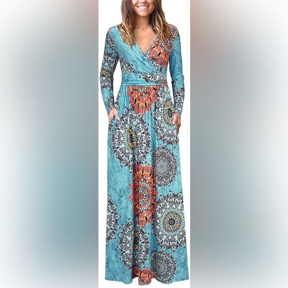 OUGES Dresses & Skirts - OUGES Long Sleeve V-Neck Wrap Waist Maxi Dress